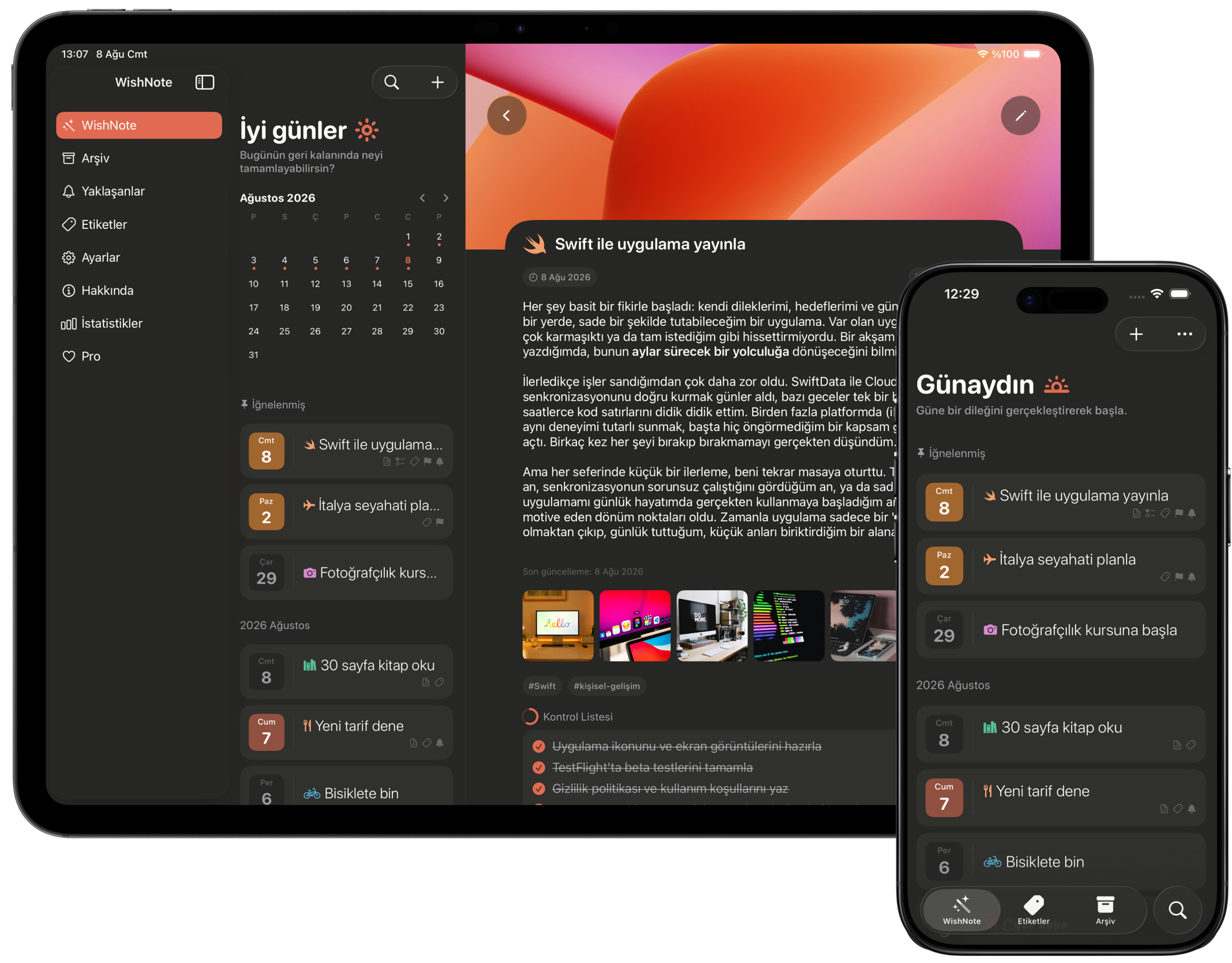 WishNote shown on iPad and iPhone in dark mode